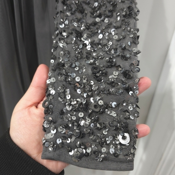 MAYA Embellished Beaded Long Sleeve Surplice Bridesmaid Mini Dress, Tulle Skirt - Picture 5 of 16